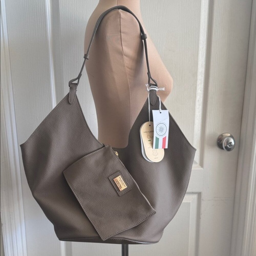 Viola Castellani Taupe Brown Leather Tote Hobo Unique Handbag W Oval Bottom - Picture 2 of 15